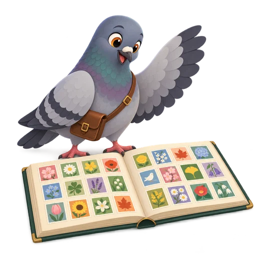 Pigeon standing on an open stamp album