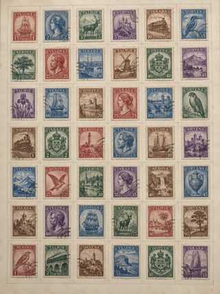 Fictional album page with 42 stamps
